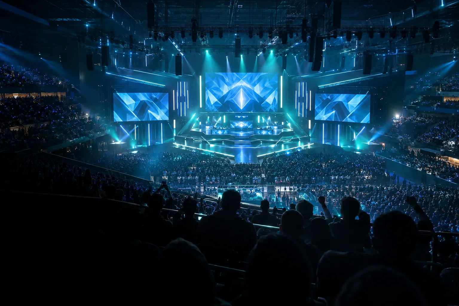 Concept artwork of a blue-lit esports arena and audience