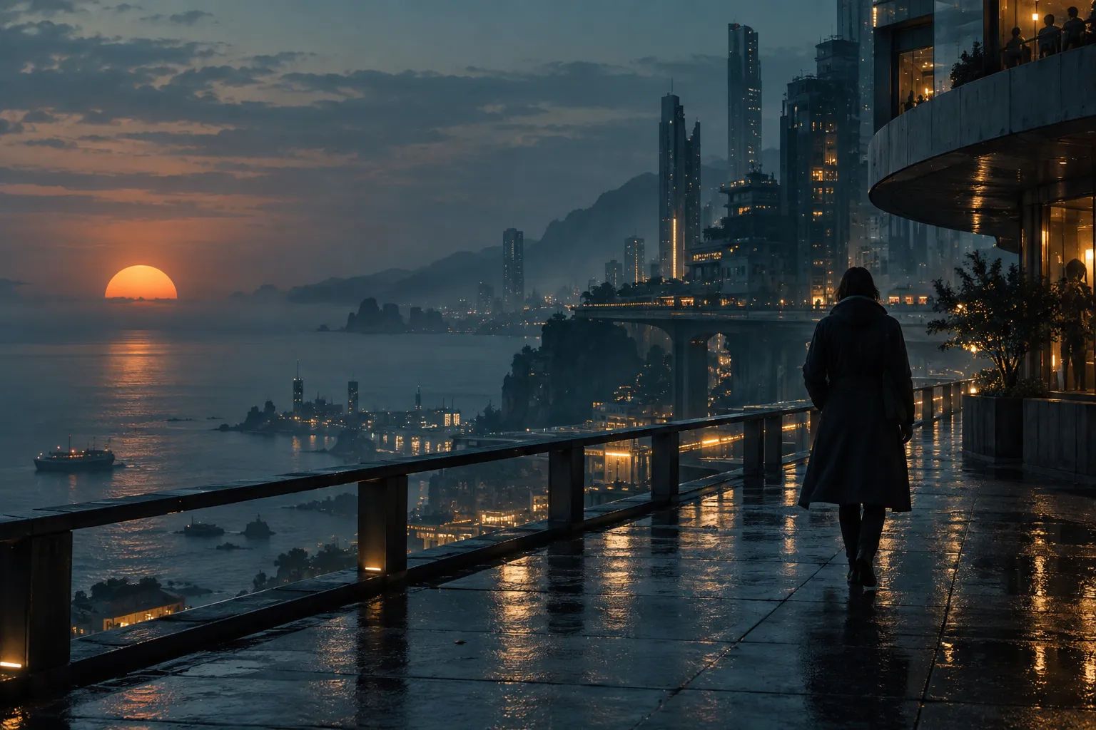 Original cinematic artwork of a traveller above a coastal city at dusk